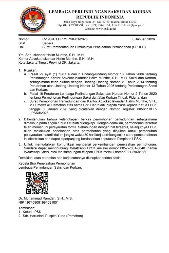 Ancaman Serius Disinyalir, LPSK Kaji Permohonan Perlindungan Haruniadi